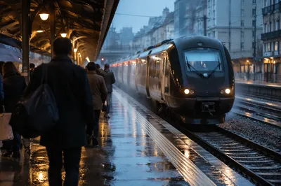 Blue Hour Commuters on City Train Platform