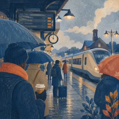 Rainy Dawn Train Platform Commuter Scene
