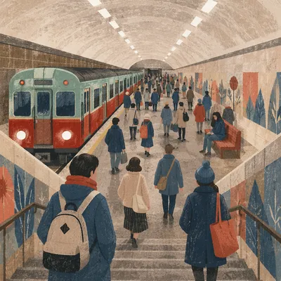 Busy Underground Train Platform From Stairway