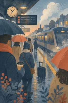 Rainy Dawn Train Platform Waiting Scene