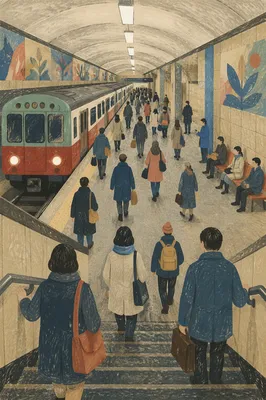 Busy Underground Train Platform from Stairway