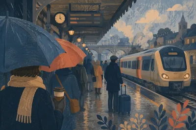 Rainy Morning Train Platform Commuters