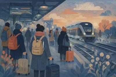 Blue Hour Commuters Waiting on Platform