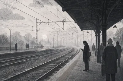 Foggy Railway Platform at Dawn
