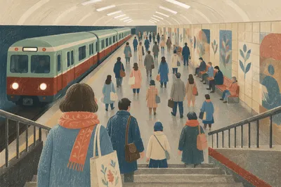 Busy Underground Train Platform From Stairway