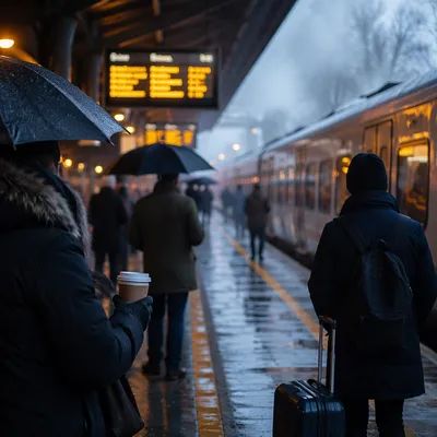 Rainy Dawn Train Platform Commute Scene