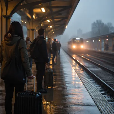 Quiet Morning Commuters at Train Platform