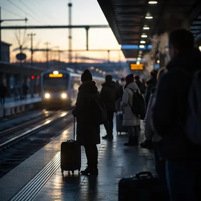 Blue Hour Commuters Await Train Arrival