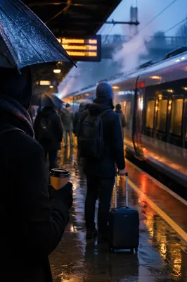 Rainy Dawn Train Platform Commute Scene