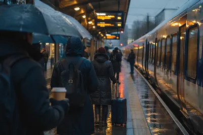 Rainy Dawn Train Platform Commuter Scene