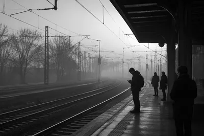 Foggy Railway Platform with Waiting Commuters