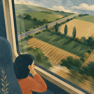Countryside Train Window Journey at Sunrise