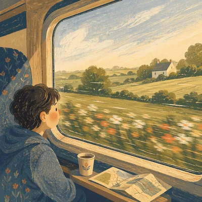 Reflective Train Window Countryside Morning Journey