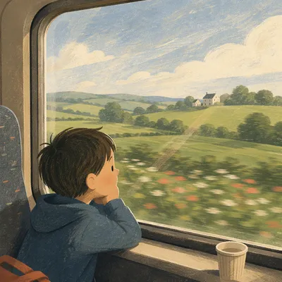 Quiet Train Window Over Morning Countryside