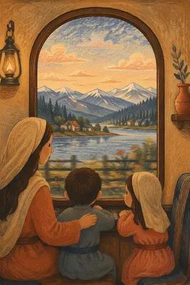 Vintage Train Window Countryside at Sunset