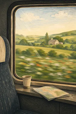 Morning Train Window Over Rolling Countryside
