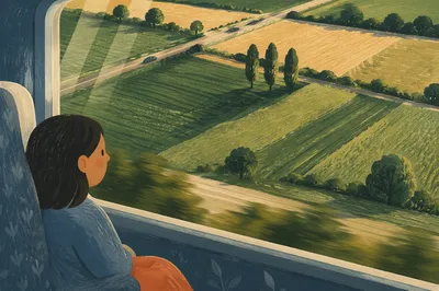 Countryside Fields Through a Train Window