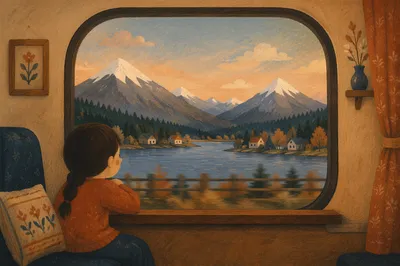 Vintage Train Window Countryside at Golden Hour
