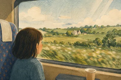 Quiet Train Window Over Morning Countryside