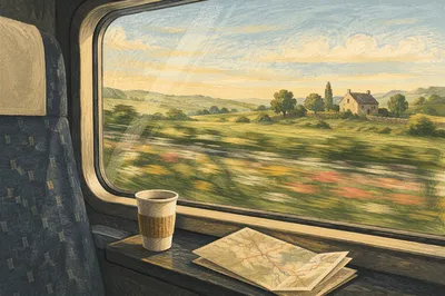 Morning Countryside View from Train Window