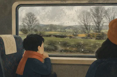 Rainy Train Window Through Winter Countryside