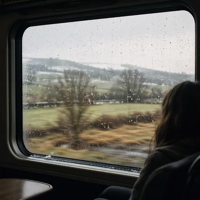 Rainy Train Window Over Winter Countryside