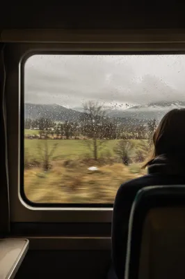 Rainy Train Window Across Winter Countryside