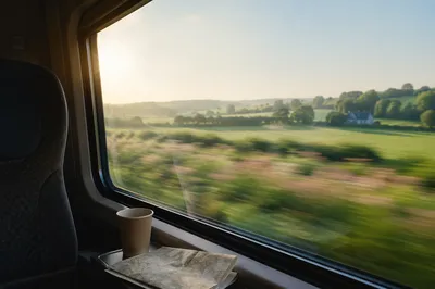 Morning Train Window View Across Countryside