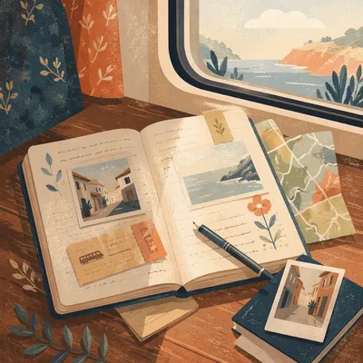 Open Travel Journal with Tickets and Photos