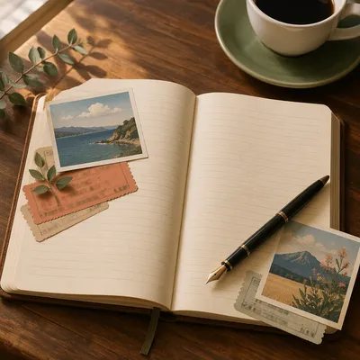Open Travel Journal with Tickets and Photos