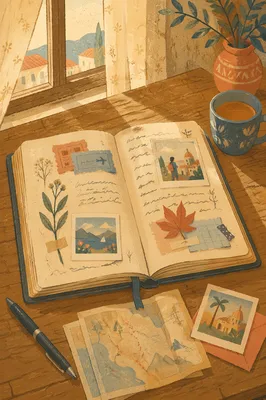 Open Travel Journal with Tickets and Photos