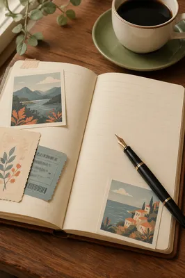Open Travel Journal with Tickets and Photos
