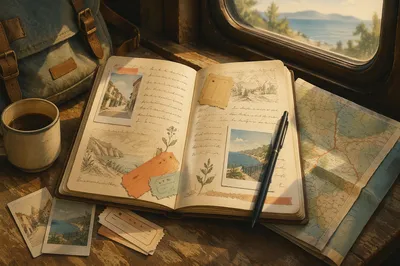 Open Travel Journal with Tickets and Photos