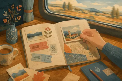 Open Travel Journal with Tickets and Photos