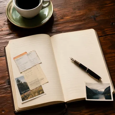 Open Travel Journal with Tickets and Photos