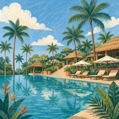 Serene Tropical Resort Pool With Palm Trees