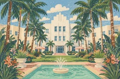 Tropical Resort Pool With Palm Walkway