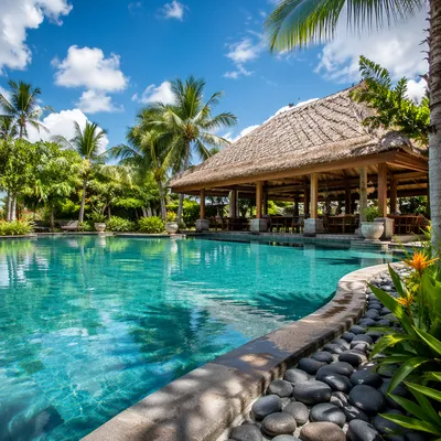 Serene Tropical Resort Pool With Palm Trees