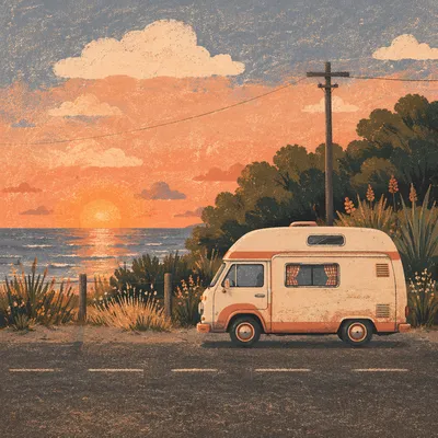 Vintage Campervan by Ocean Sunset Road