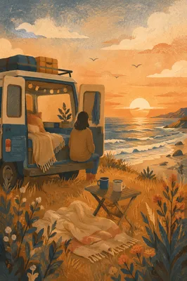 Campervan by Ocean at Sunset Escape