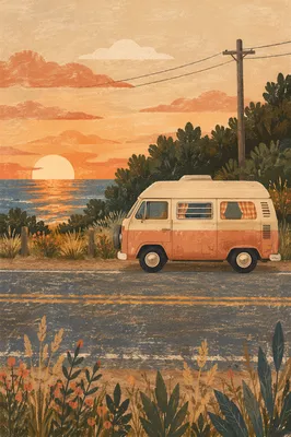 Vintage Campervan by Ocean at Sunset