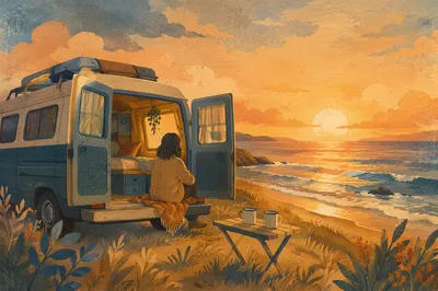 Campervan Sunset Over Quiet Coastal Bluff