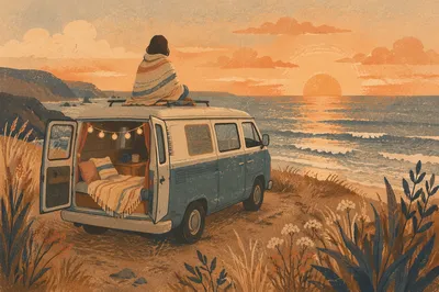 Campervan Ocean Sunset on Coastal Bluff