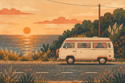 Vintage Campervan by Ocean at Sunset