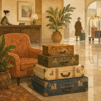 Vintage Suitcases in Quiet Hotel Lobby