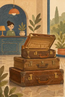 Weathered Vintage Suitcases in Boutique Hotel Lobby
