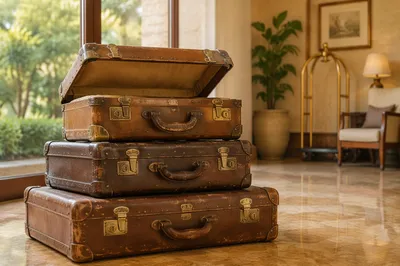 Vintage Suitcases in Warm Hotel Lobby