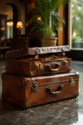 Weathered Vintage Suitcases in Boutique Hotel Lobby