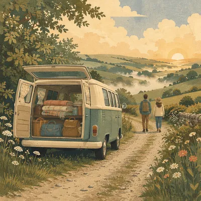 Vintage Camper Van in Misty Countryside