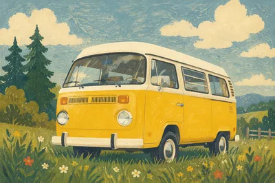 Vintage Yellow Camper Van Countryside Road Trip